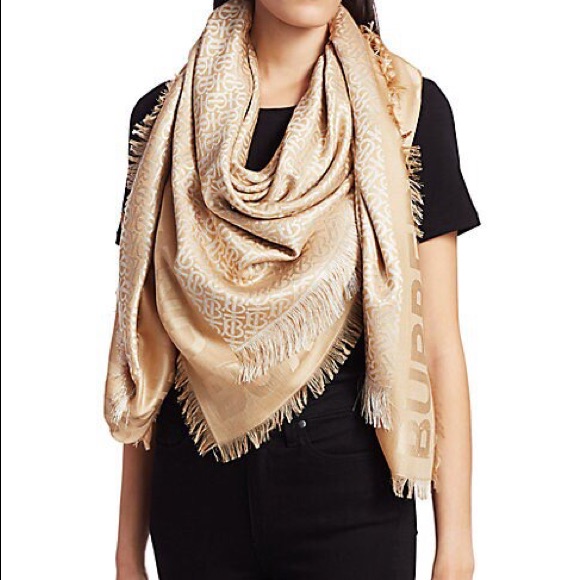 Burberry Metallic Honey Monogrammed Jacquard Square Scarf, Nwot!